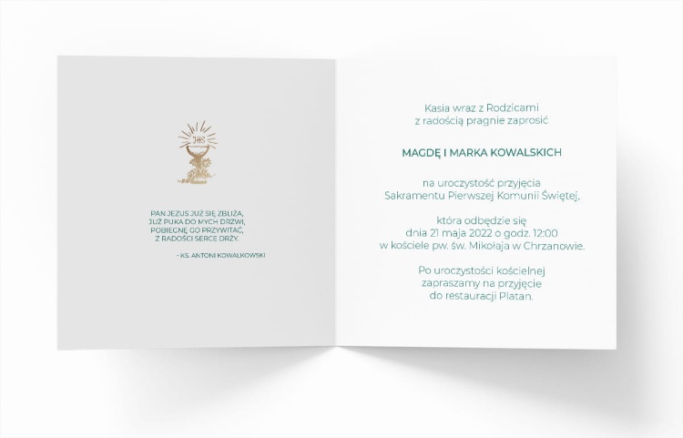 Zaproszenie komunijne z nadrukiem liści