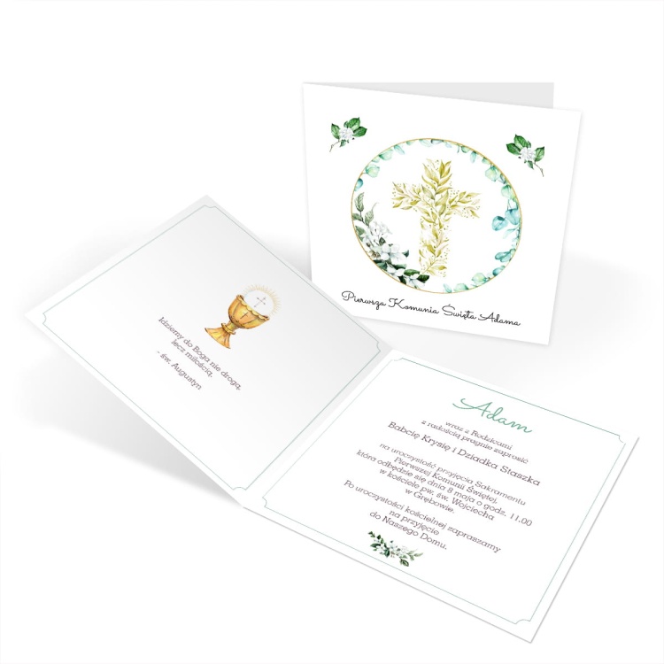 Zaproszenie komunijne z roślinnym krzyżem