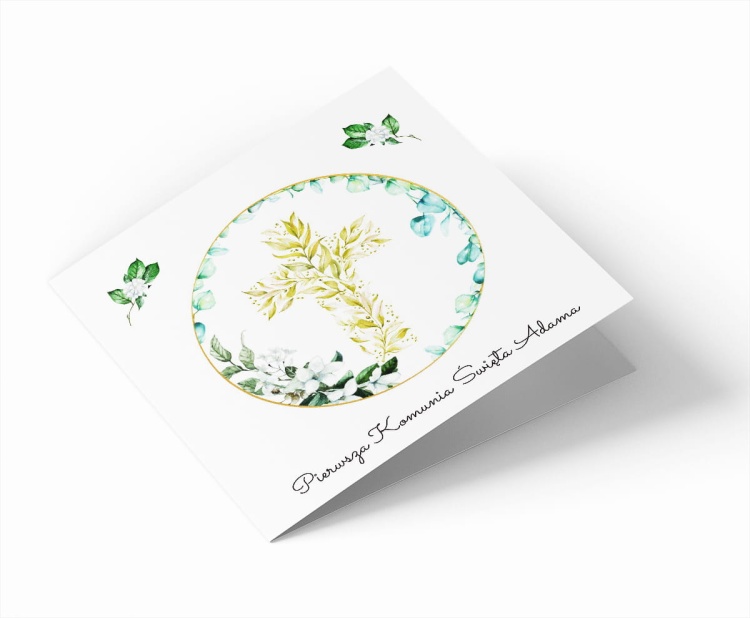 Zaproszenie komunijne z krzyżem złożonym z roślin