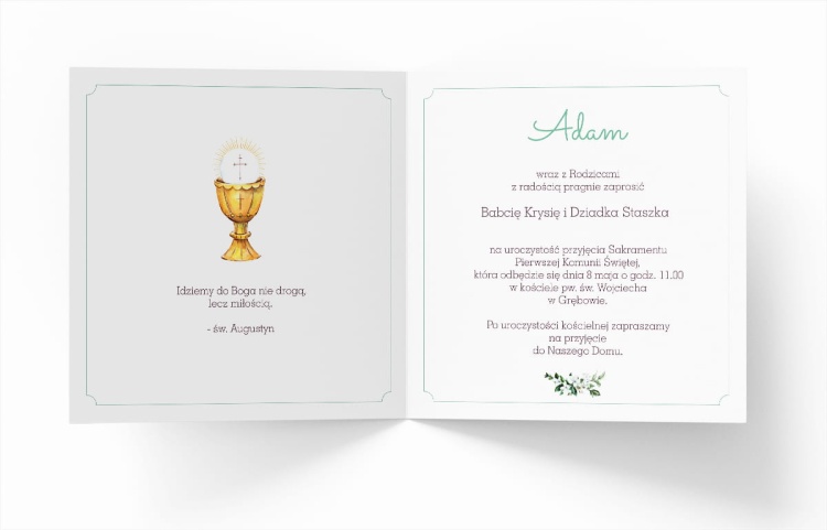 Zaproszenie komunijne z krzyżem w roślinnym kole