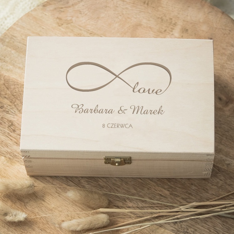 Szkatułka, pudełko z dedykacją na ślub jasna ze znakiem nieskończoności jasna