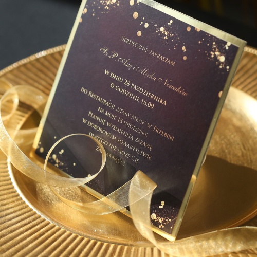 Bordowo-złote zaproszenia na 18 urodziny