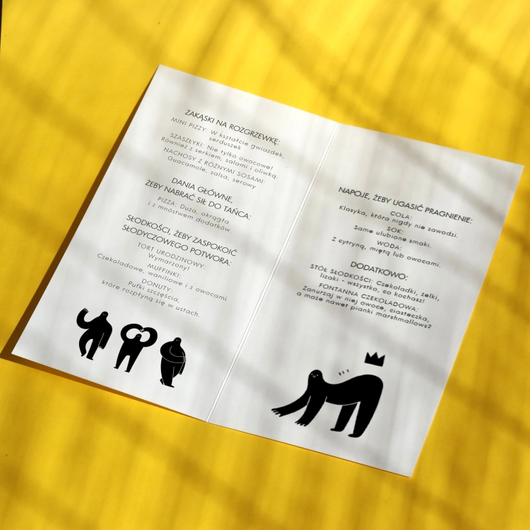Karty menu na przyjęcie z postaciami wnętrze