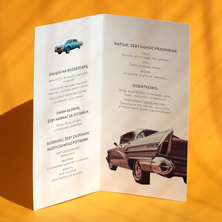 Karty menu na przyjęcie retro auto wnętrze
