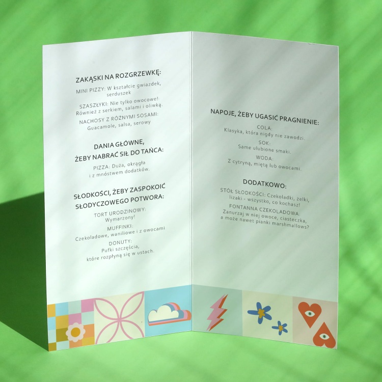 Karty menu na przyjęcie barwne wnętrze