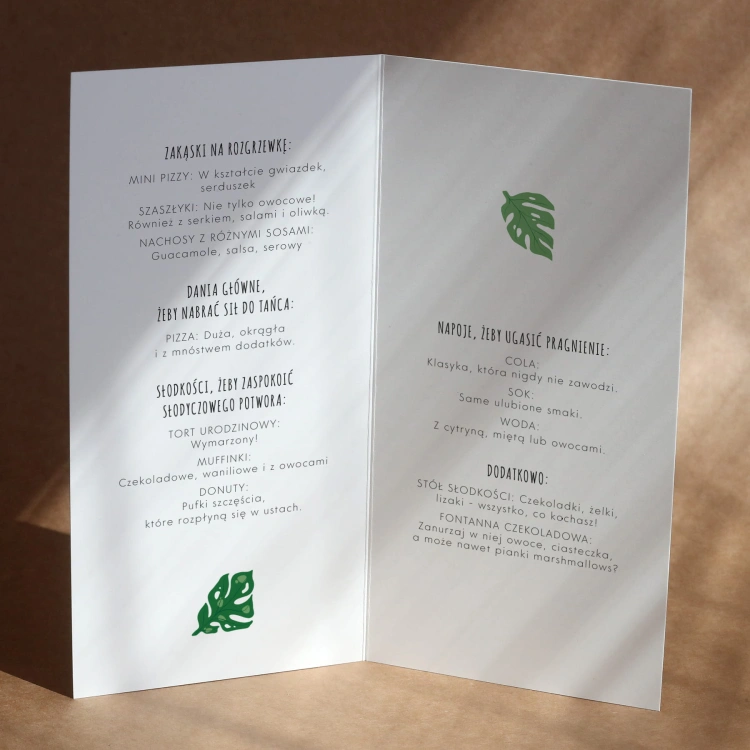 Karty menu na przyjęcie liście wnętrze