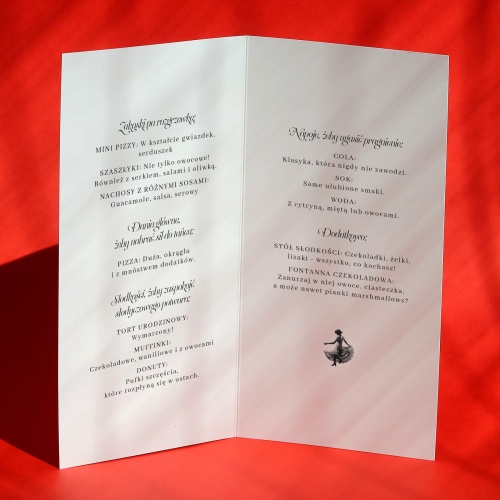 Karty menu na przyjęcie taniec wnętrze