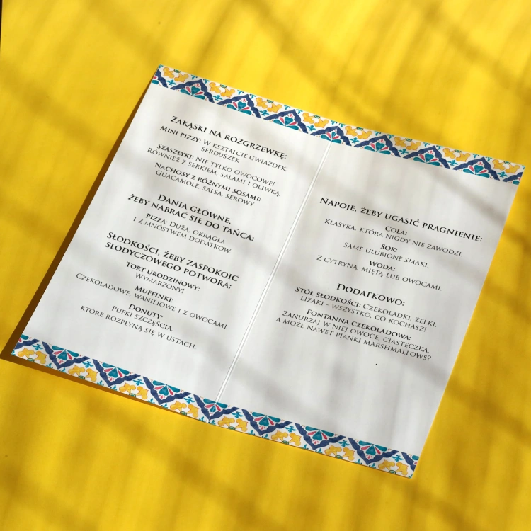 Karty menu na przyjęcie mozaika wnętrze