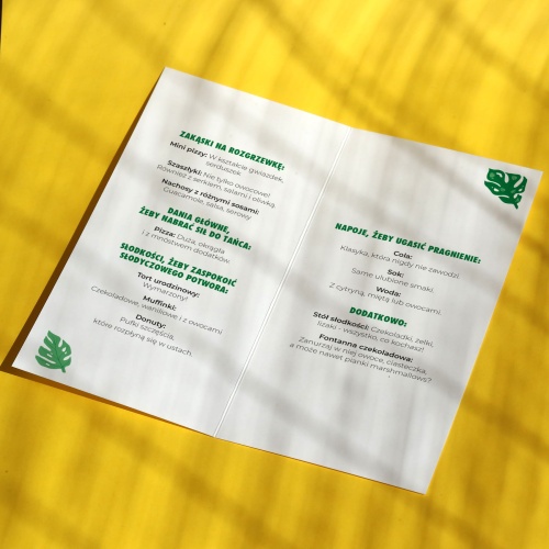 Karty menu na przyjęcie z listkiem wnętrze