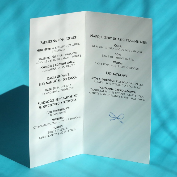 Karty menu na przyjęcie z delikatną kokardką- wnętrze