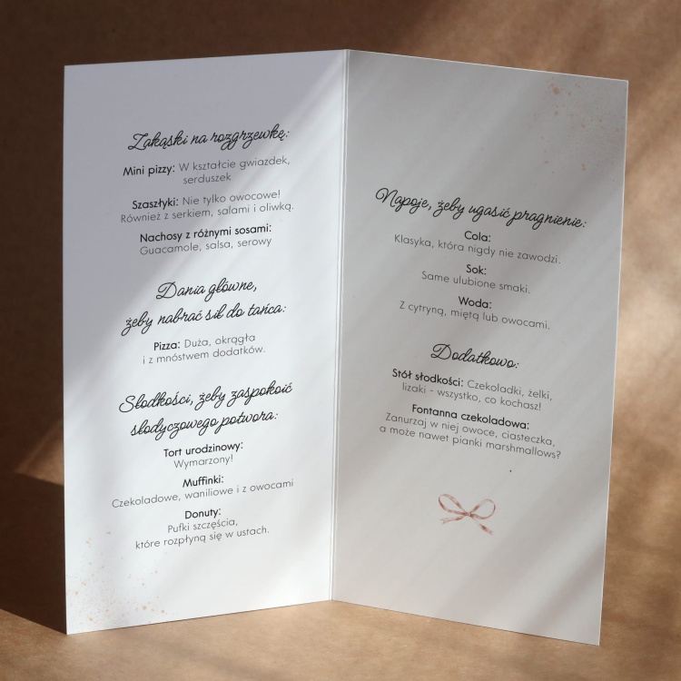 Karty menu na przyjęcie z różową wstążką- środek