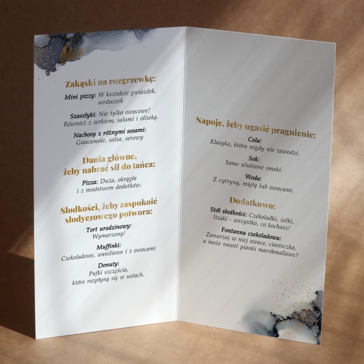 Eleganckie karty menu na przyjęcie- środek