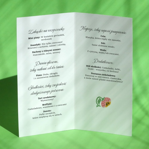 Karty menu na przyjęcie z kwiatem- środek