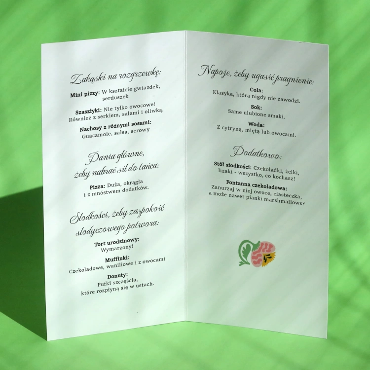 Karty menu na przyjęcie z kwiatem- środek