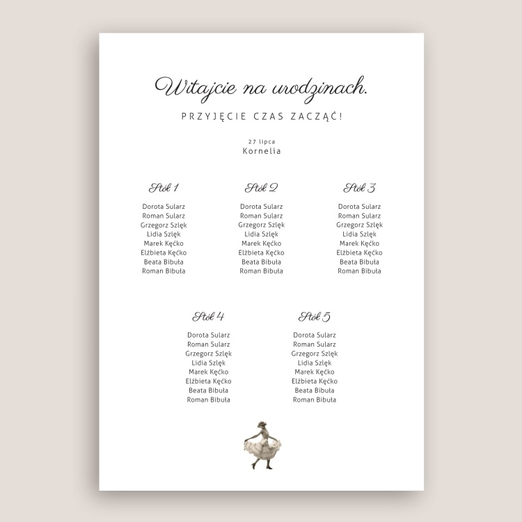 Vintage plan stołu urodzinowego z tańczącą kobietą