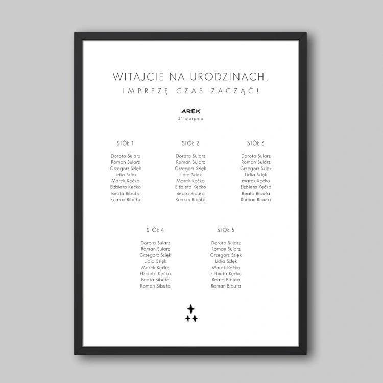 Minimalistyczny plan stołu urodzinowego z gwiazdkami