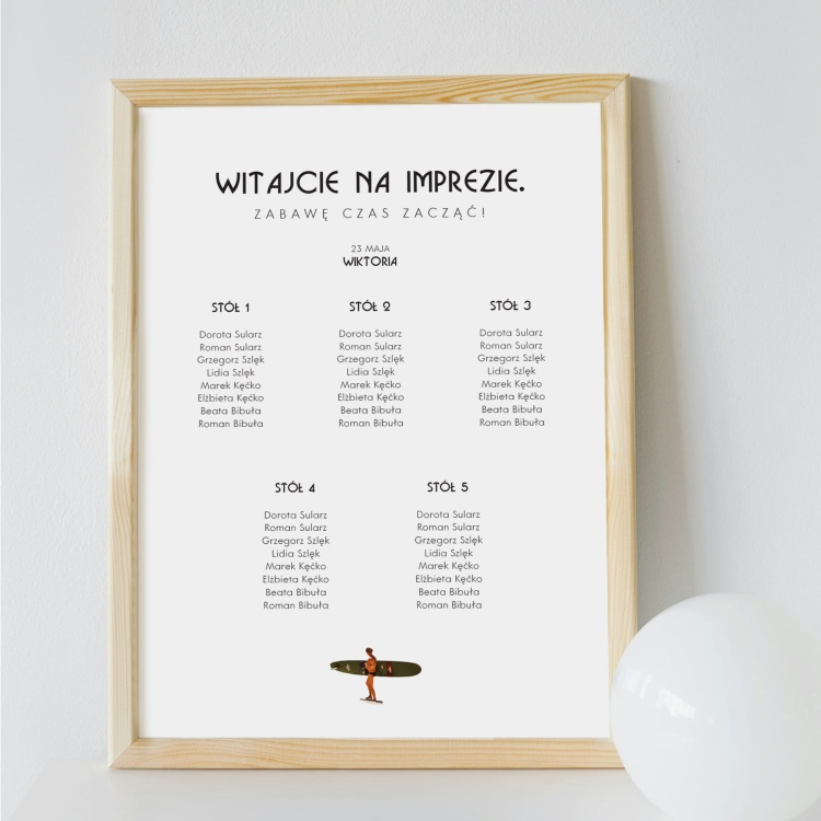 Retro plan stołu urodzinowego z motywem surfingowym