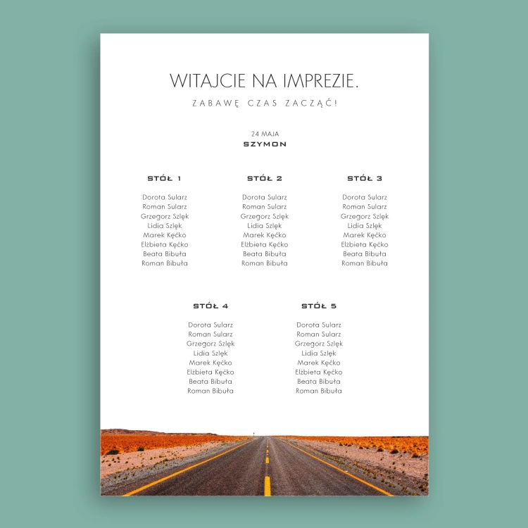 Retro plan stołu urodzinowego z motywem drogi