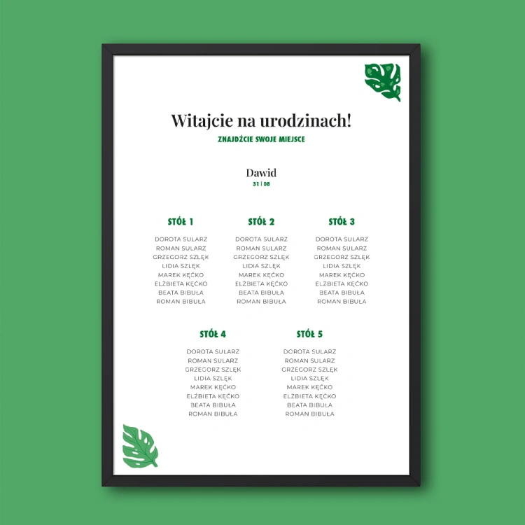 Plan stołu urodzinowego z liśćmi