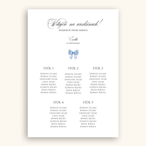 Plan stołu urodzinowego z niebieską kokardką