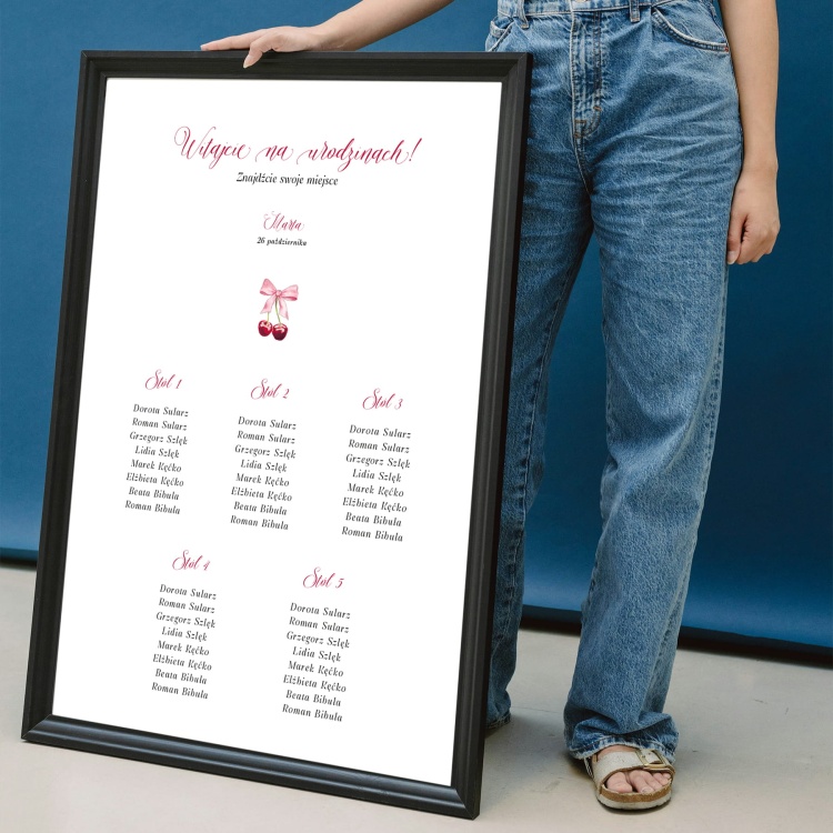 Plan stołu urodzinowego z różową kokardką i wiśniami