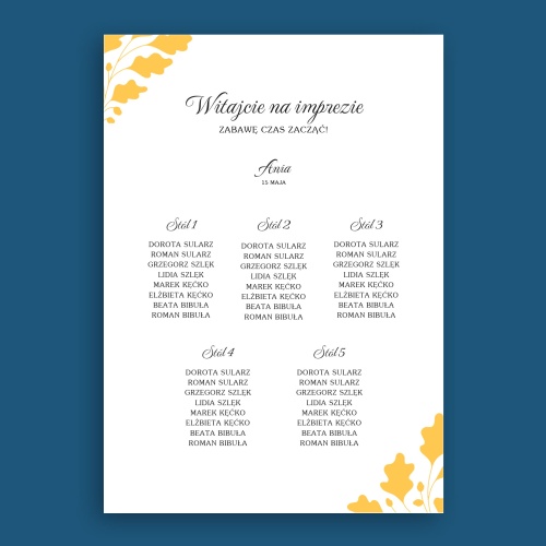 Plan stołu urodzinowego z żółtymi listkami