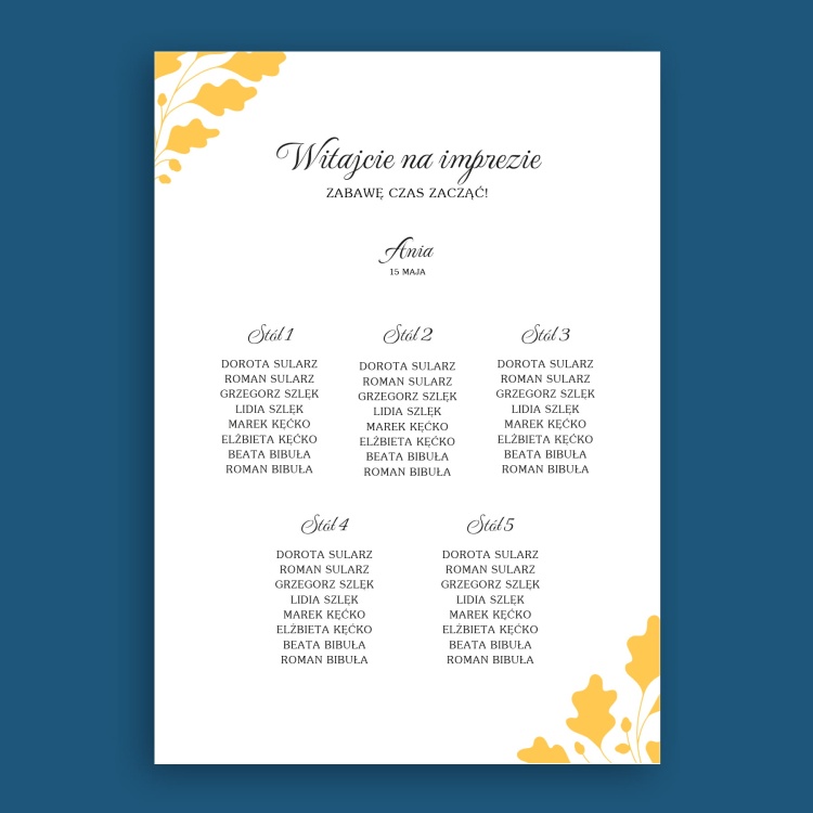 Plan stołu urodzinowego z żółtymi listkami