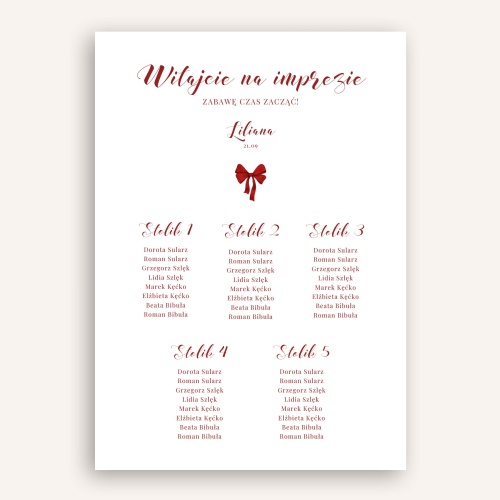 Plan stołu urodzinowego z czerwoną kokardą