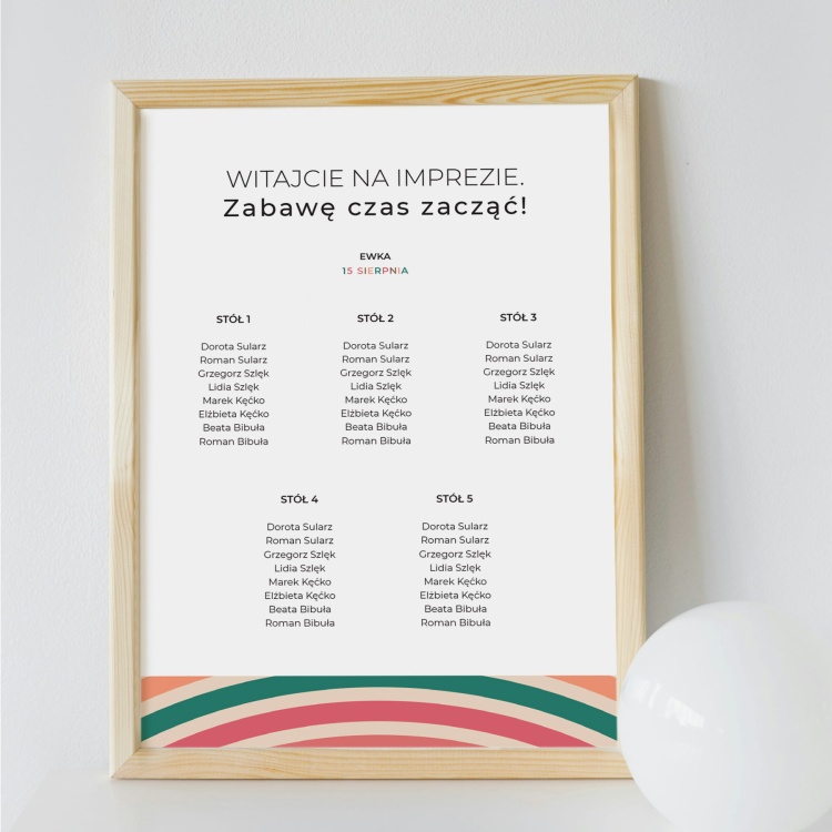 Plan stołu urodzinowego z kolorowymi paskami