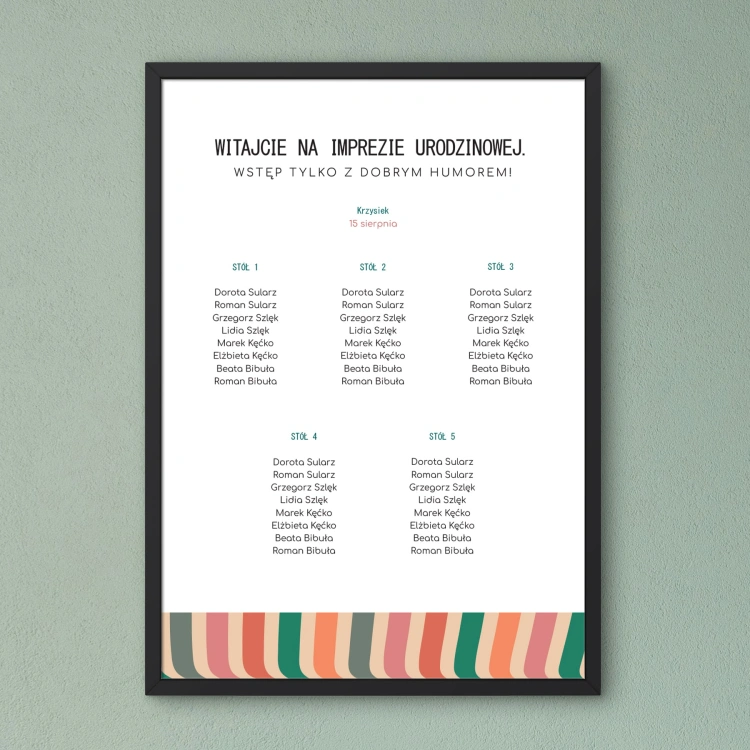 Plan stołu urodzinowego z kolorowymi paskami