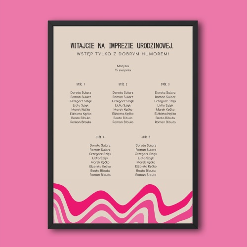 Plan stołu urodzinowego z różową falą