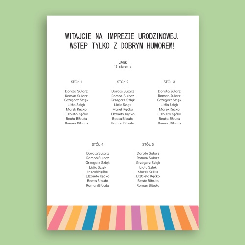 Plan stołu urodzinowego z kolorowymi paskami