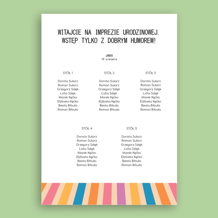 Plan stołu urodzinowego z kolorowymi paskami