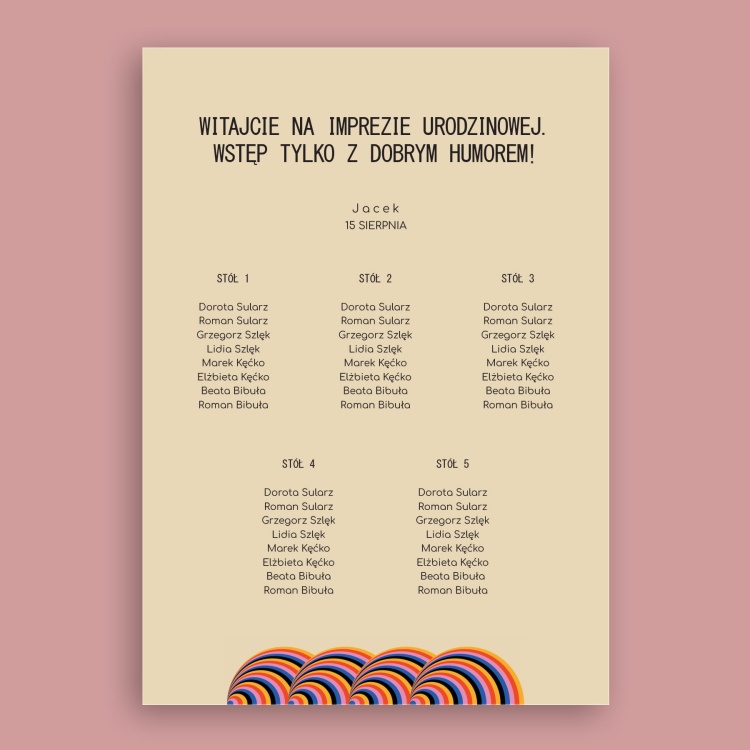 Plan stołu urodzinowego z kolorowym wzorkiem