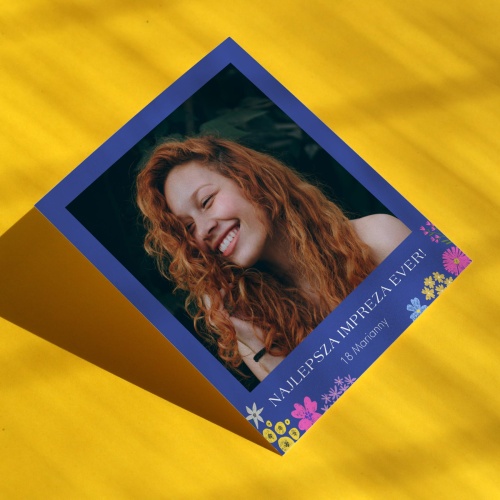 Polaroid podziękowanie dla gości - fioletowa ramką z kwiatami