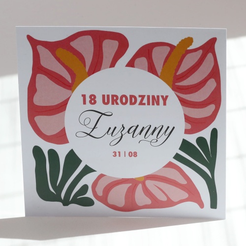 Kwadratowe zaproszenia urodzinowe z botanicznym motywem kwiatów