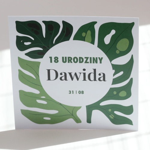 Kwadratowe zaproszenia urodzinowe z botanicznym motywem liści