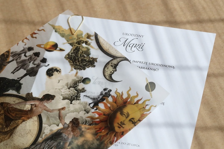 Zaproszenia urodzinowe w stylu vintage z ozdobną kalką