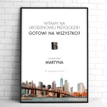 Retro tablice powitalne na przyjęcie urodzinowe z panoramą miasta