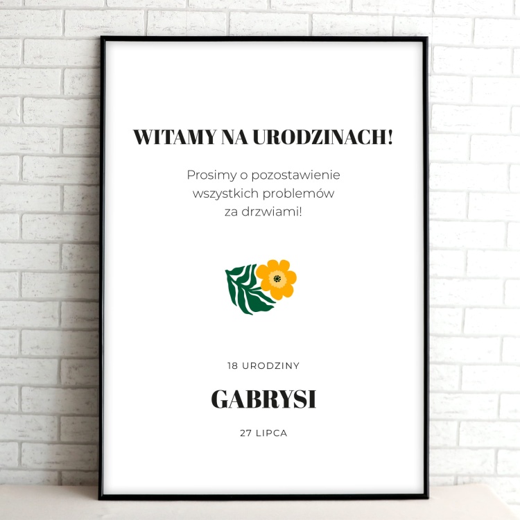 Tablice powitalne na przyjęcie urodzinowe z żółtym kwiatuszkiem