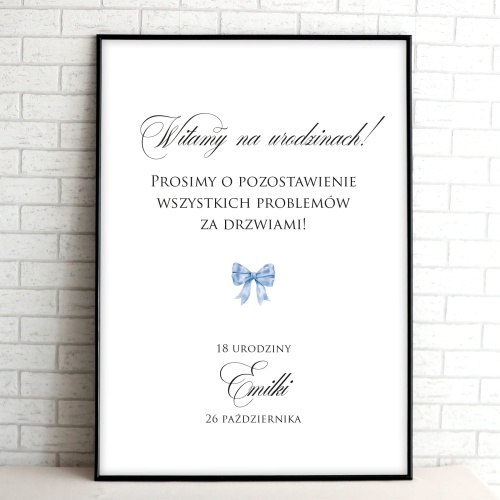 Tablice powitalne na przyjęcie urodzinowe z niebieską kokardą