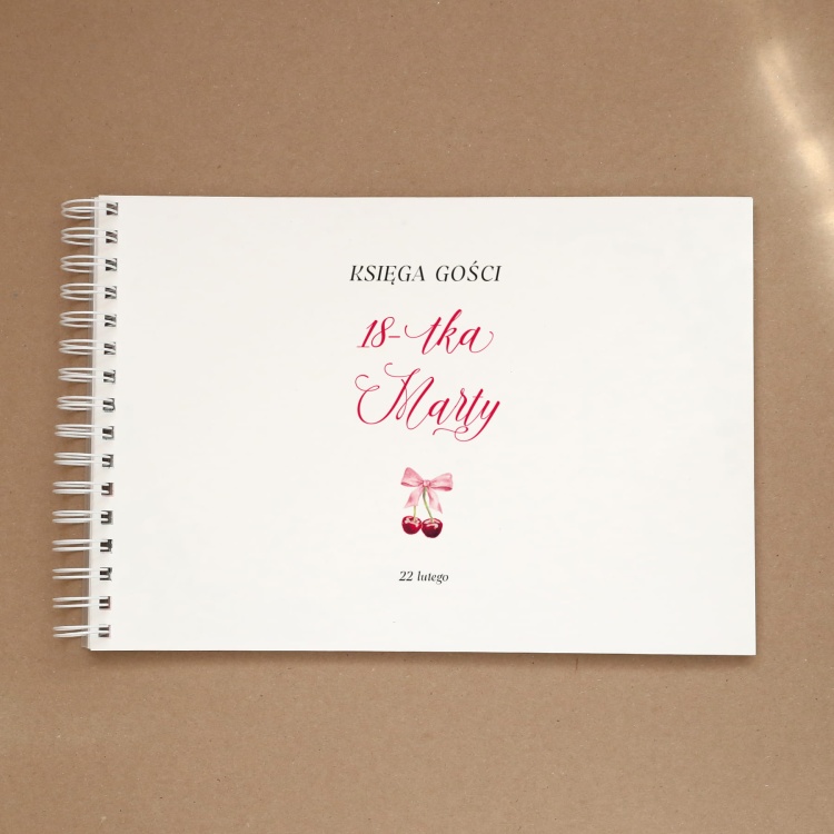 Księga gości na przyjęcie urodzinowe z kokardą i wiśniami