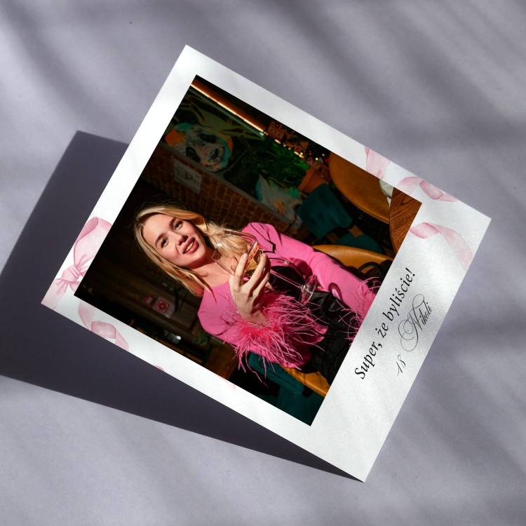 Polaroid podziękowanie dla gości - różowe wstążki