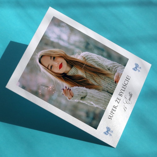 Polaroid podziękowanie dla gości - niebieskie kokardki