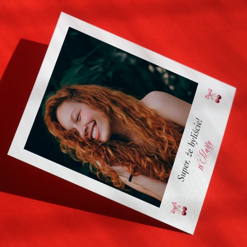 Polaroid podziękowanie dla gości - wiśnie z kokardką