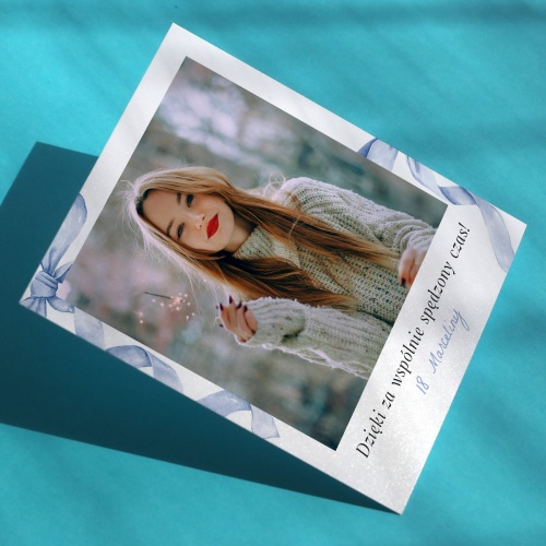 Polaroid podziękowanie dla gości - niebieskie kokardki