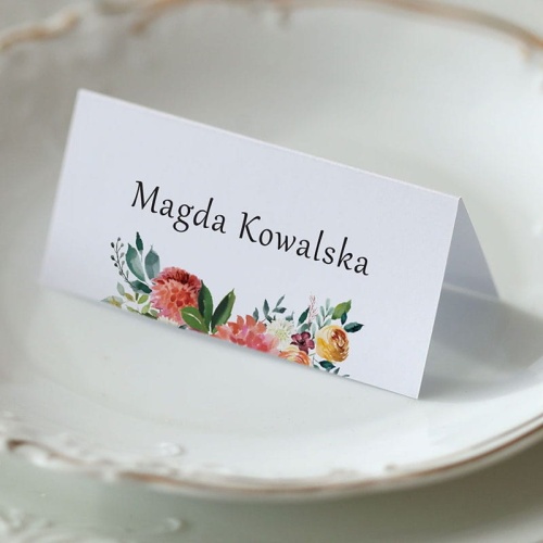 Winietki ślubne z pomarańczowymi kwiatami boho