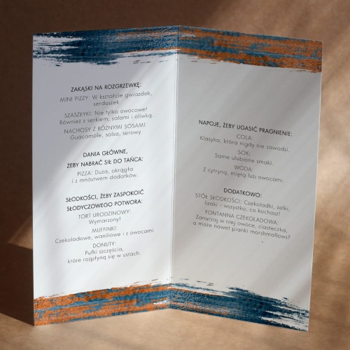 Karty menu na przyjęcie urodzinowe granatowo-miedziane
