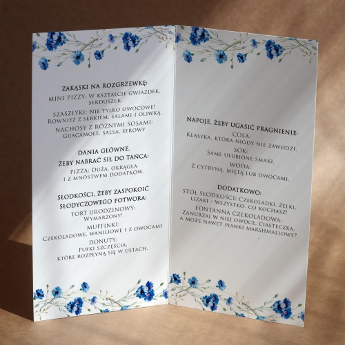 Karty menu na przyjęcie urodzinowe z chabrami