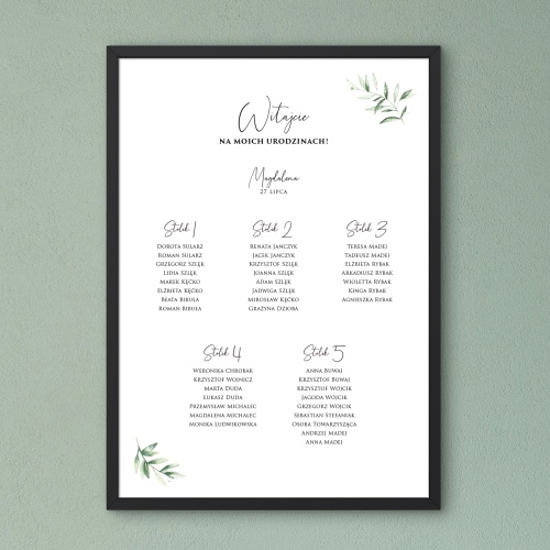 Plan stołu urodzinowego z motywem delikatnych liści